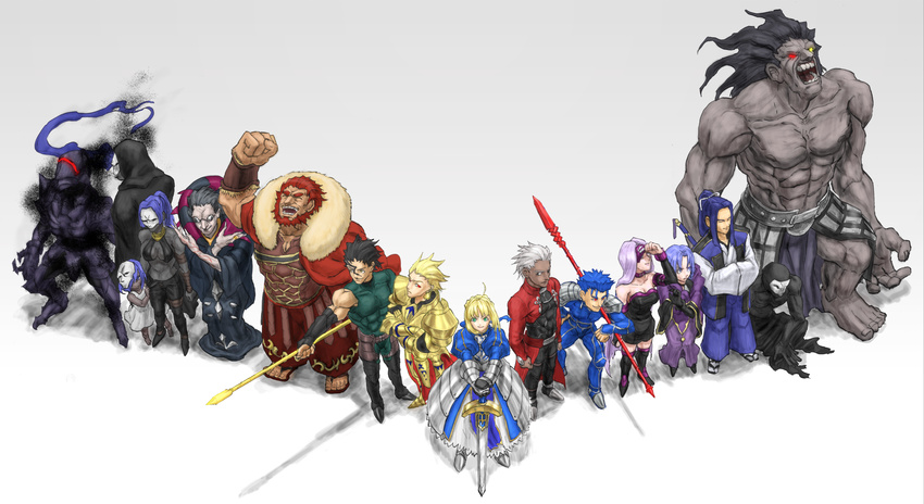 6+boys archer armor armored_dress artoria_pendragon_(all) assassin_(fate/stay_night) assassin_(fate/zero) bad_id bad_pixiv_id berserker berserker_(fate/zero) caster caster_(fate/zero) child_assassin_(fate/zero) excalibur fate/stay_night fate/zero fate_(series) female_assassin_(fate/zero) gae_bolg gae_buidhe gae_dearg gilgamesh heterochromia highres lancer lancer_(fate/zero) mask multiple_boys multiple_girls planted_sword planted_weapon polearm rider rider_(fate/zero) saber spear sword weapon yuutairui_(sukima_sangyou)