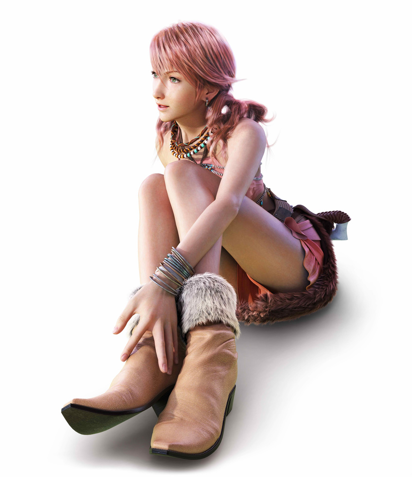 1girl absurdres boots bracelet earrings female final_fantasy final_fantasy_xiii highres jewelry necklace oerba_dia_vanille official_art simple_background sitting skirt solo twintails