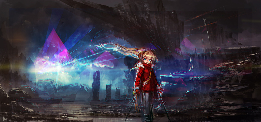 :o blonde_hair blue_eyes dual_wielding earmuffs fur_trim gloves holding hood hoodie lm7_(op-center) long_hair looking_at_viewer open_mouth original shoes solo sword weapon wind wind_lift