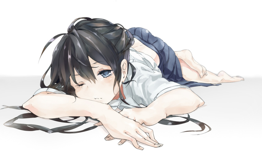 bad_id bad_pixiv_id barefoot black_hair blue_eyes blurry blush depth_of_field foreshortening long_hair looking_at_viewer lying on_stomach one_eye_closed original pleated_skirt school_uniform simple_background skirt solo suiso_(owp) white_background