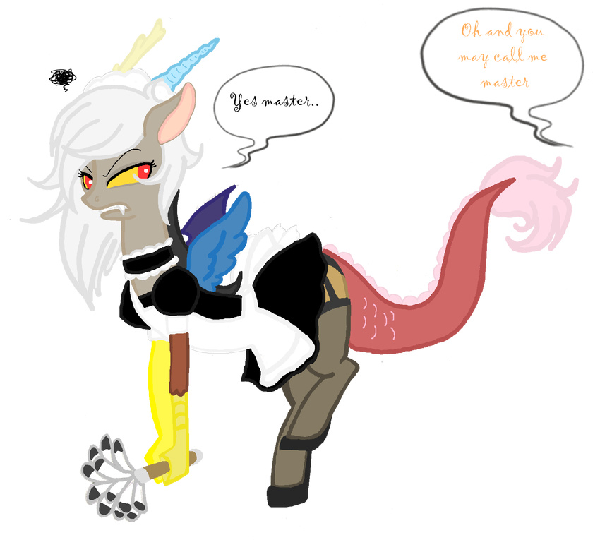 annoyed chimera clothing crossgender dialog discord_(mlp) draconequus dragon english_text feather_duster female feral friendship_is_magic hair hybrid jaquelindreamz looking_back maid maid_uniform my_little_pony solo text white_hair wings