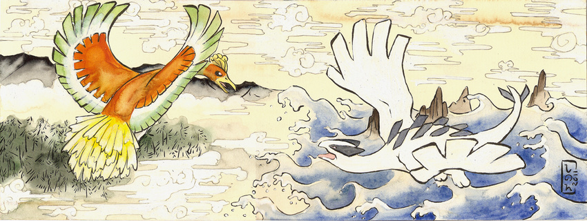 eye_contact fine_art_parody flying gen_2_pokemon ho-oh legendary_pokemon looking_at_another lugia md5_mismatch mountain no_humans ocean parody pokemon pokemon_(creature) shadeofshinon signature sky tree water