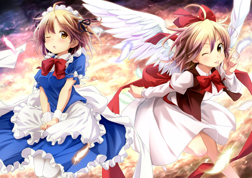 ;o ;p ahoge apron ayase_midori blonde_hair blush bow feathers gengetsu hair_bow index_finger_raised looking_at_viewer maid maid_headdress mugetsu multiple_girls one_eye_closed pantyhose red_bow short_hair siblings sisters smile tongue tongue_out touhou touhou_(pc-98) waist_apron white_legwear white_wings wings wrist_cuffs yellow_eyes