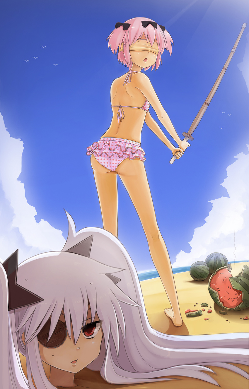 :o ass barefoot beach bikini blindfold blue_sky bow buried cloud day drawfag eyepatch food fruit hair_bow hibari_(senran_kagura) highres long_hair multiple_girls ocean open_mouth outdoors pink_bikini pink_hair polka_dot polka_dot_bikini polka_dot_swimsuit red_eyes revision senran_kagura senran_kagura_shoujo-tachi_no_shin'ei shinai short_hair silver_hair sky suikawari sweat swimsuit sword totoro twintails very_long_hair watermelon weapon yagyuu_(senran_kagura)