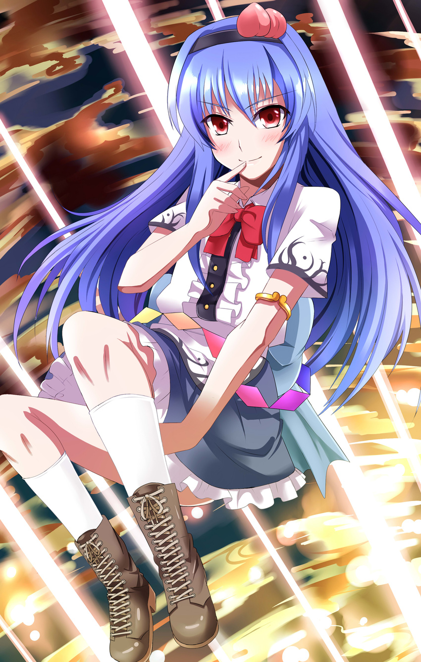 absurdres bad_id bad_pixiv_id blue_hair boots dress e.o. finger_to_mouth food fruit hairband highres hinanawi_tenshi long_hair peach red_eyes smile solo touhou