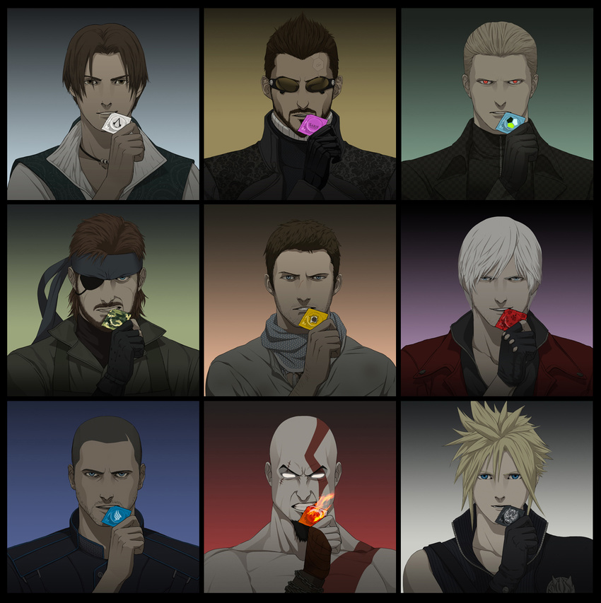 adam_jensen albert_wesker assassin's_creed bald bite blonde_hair blue_eyes brown_eyes brown_hair cloud_strife commander_shepard condom dante deus_ex devil_may_cry doubleleaf eye_patch eyewear ezio_auditore final_fantasy fire god_of_war hair human kratos male mass_effect metal_gear nathan_drake necklace red_eyes resident_evil scar solid_snake sunglasses tattoo uncharted video_games