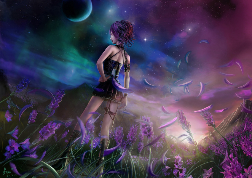 absurdres armor armored_dress aurora boots crescent_moon flower from_behind fufu highres landscape lavender_(flower) looking_at_viewer looking_back miniskirt moon mountain night night_sky original petals purple_hair red_eyes scenery skirt sky smile solo star star_(sky) starry_sky thigh_strap