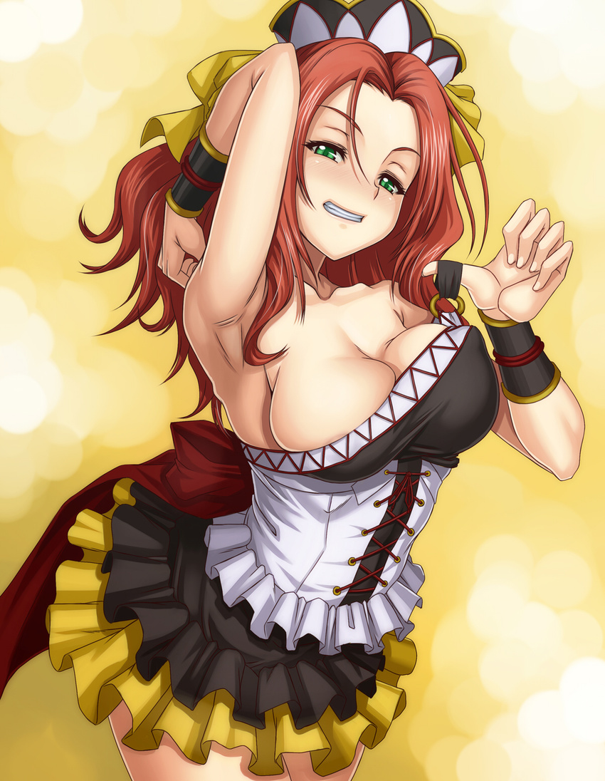 areola_slip areolae arm_up armpits bare_shoulders bracelet breasts cleavage green_eyes grin highres jewelry kouryuuji_mii large_breasts looking_at_viewer project_x_zone puffy_nipples red_hair shunzou skirt smile solo