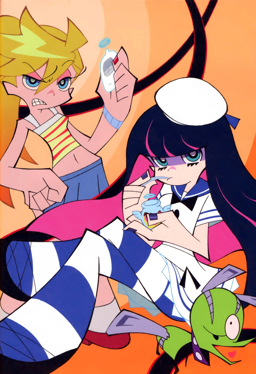 alternate_costume alternate_hairstyle aqua_eyes blonde_hair blue_eyes cellphone chuck_(psg) crossed_legs dress eating hat highres long_hair midriff multicolored_hair multiple_girls non-web_source official_art onoda_masahito panty_&amp;_stocking_with_garterbelt panty_(psg) phone ponytail sailor_dress scan sitting stocking_(psg) striped striped_legwear thighhighs two-tone_hair