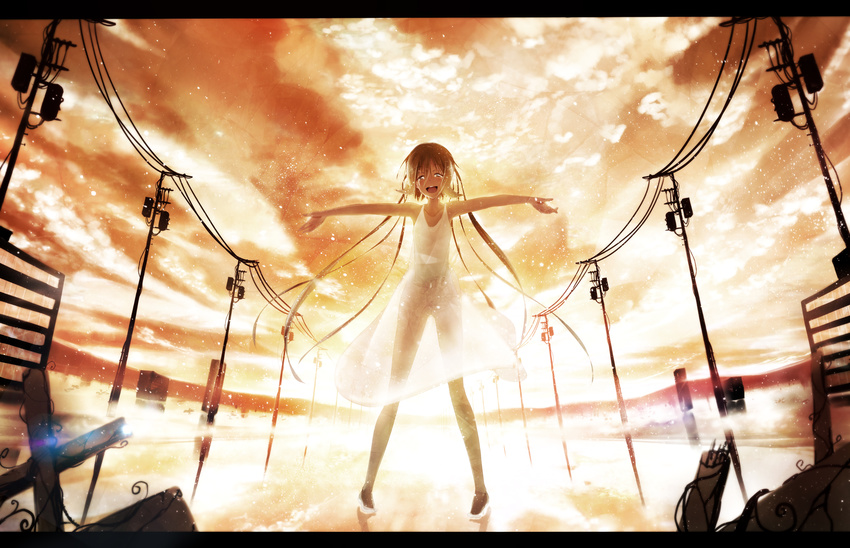 absurdres blonde_hair dennryuurai dress highres letterboxed long_hair original outstretched_arms see-through solo spread_arms sunset telephone_pole white_dress