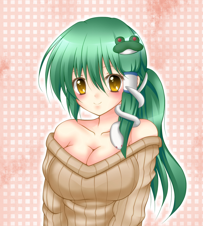 alternate_costume alternate_hairstyle bad_id bad_pixiv_id bare_shoulders breasts cleavage collarbone colorized frog_hair_ornament green_hair hair_ornament highres kochiya_sanae large_breasts long_hair off-shoulder_sweater ponytail shunkashuutou smile snake_hair_ornament solo sweater touhou yellow_eyes