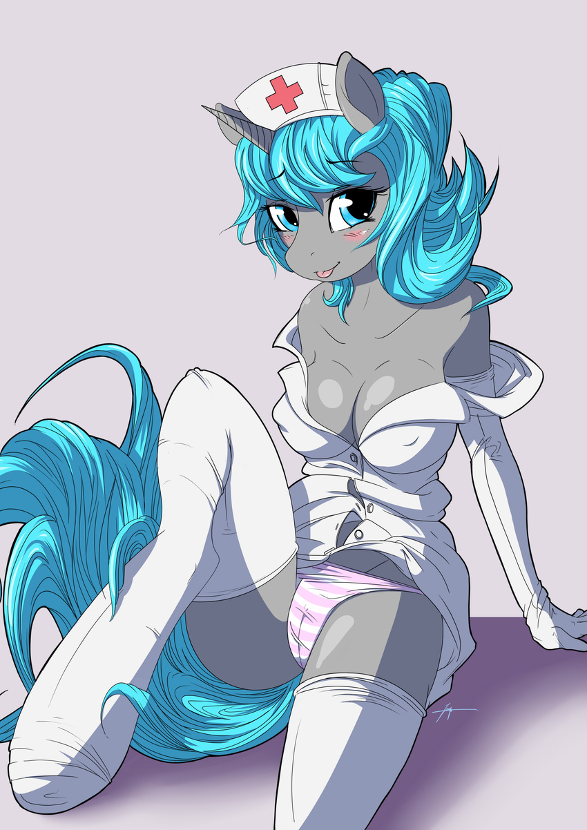 blue_eyes blue_hair blush breasts camel_toe cleavage clothed clothing elbow_gloves equine female gloves grey_background grey_skin hair hi_res hooves horn horse legwear looking_at_viewer mammal mirapony my_little_pony nurse original_character panties plain_background pony short_hair sitting smile solo stockings striped_panties tara_mistpony_(character) thighs tongue tongue_out underwear undressing unicorn