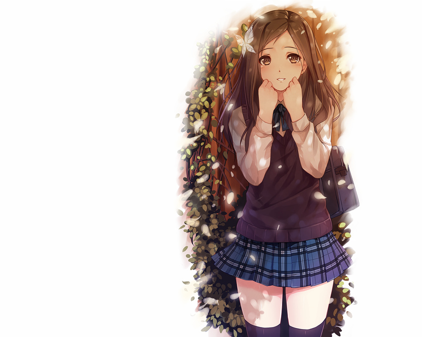 brown_eyes brown_hair caidychen original petals seifuku thighhighs white