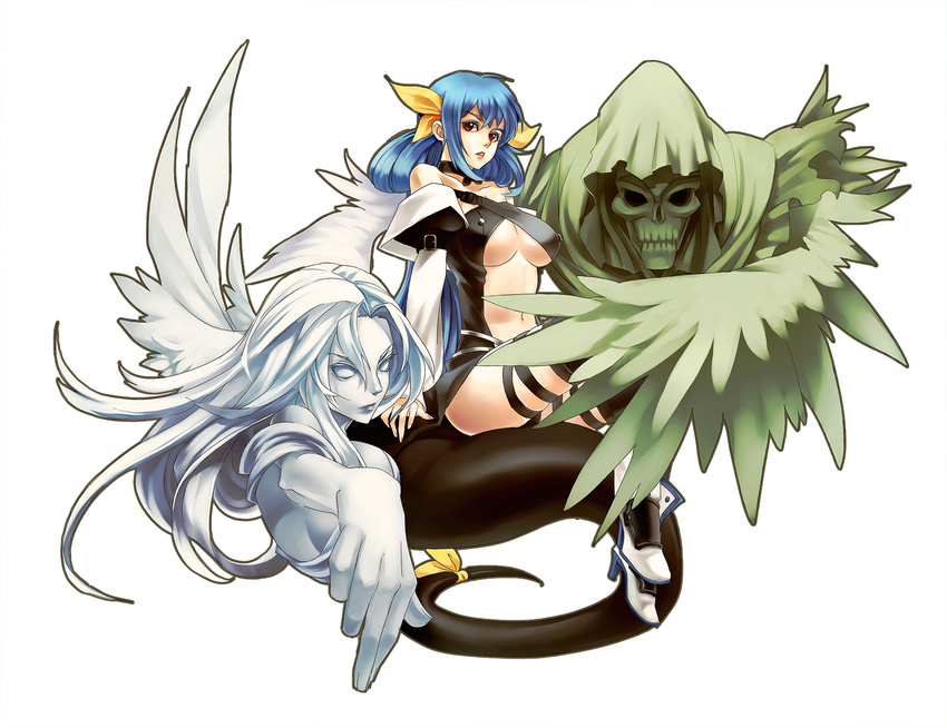 asymmetrical_wings bare_shoulders blue_hair bow breasts choker detached_sleeves dizzy guilty_gear hair_bow large_breasts long_hair navel necro_(guilty_gear) red_eyes ribbon tail tail_ribbon thighhighs twintails underboob undine_(guilty_gear) usagi_haku very_long_hair wings