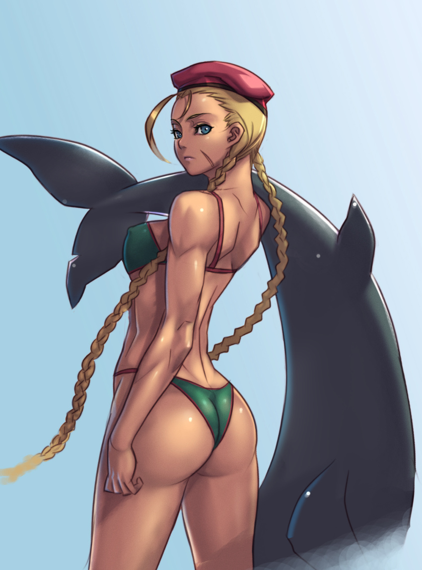 ass back bare_shoulders beret bikini blonde_hair blue_eyes braid breasts cammy_white covered_nipples dolphin hat highres long_hair looking_back medium_breasts scar sethxzoe shark solo street_fighter swimsuit trefoil twin_braids very_long_hair