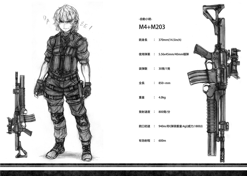 assault_rifle bad_id bad_pixiv_id boots braid combat_boots fingerless_gloves gloves grenade_launcher greyscale gun imizu_(nitro_unknown) kirisame_marisa knee_pads load_bearing_vest m203 m4_carbine military_operator monochrome rifle scope short_hair single_braid sleeves_rolled_up smile solo touhou translated underbarrel_grenade_launcher weapon ze_(phrase)