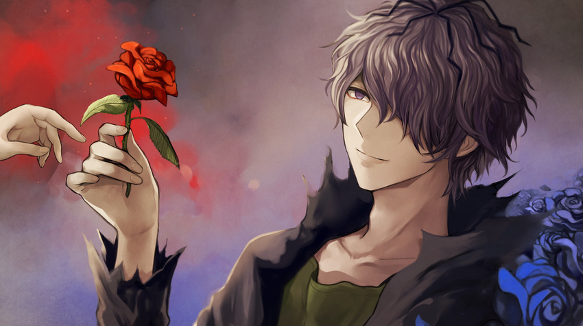 bad_id bad_pixiv_id banned_artist black_hair blue_flower blue_rose flower garry_(ib) hair_over_one_eye hands harano highres ib lavender_eyes lavender_hair male_focus multicolored_hair red_flower red_rose rose smile solo two-tone_hair