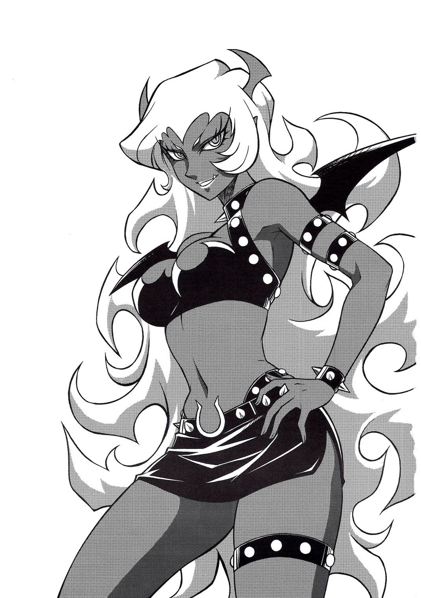 aratamaru armlet bare_shoulders bat_wings bracelet breasts cleavage cleavage_cutout collar contrapposto demon_girl eyelashes fang greyscale halter_top halterneck hand_on_hip highleg highleg_panties highres horns jewelry large_breasts long_hair midriff mini_wings miniskirt monochrome panties panty_&amp;_stocking_with_garterbelt pointy_ears scan scanty_(psg) side_slit skirt slender_waist smile solo spiked_bracelet spiked_collar spikes standing studded thigh_strap underwear very_long_hair wavy_hair wings
