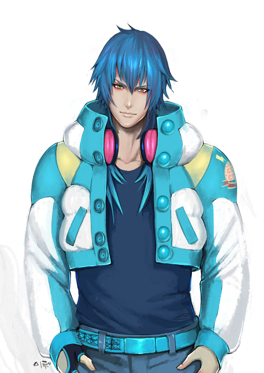 absurdres bad_id bad_pixiv_id blue_hair dramatical_murder headphones headphones_around_neck highres jacket lloule male_focus seragaki_aoba solo yellow_eyes