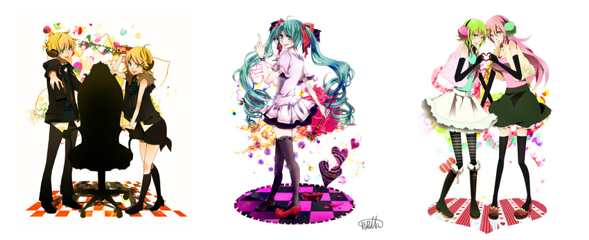 aqua_eyes aqua_hair blonde_hair blue_eyes blush dress green_eyes green_hair gumi happy_synthesizer_(vocaloid) hatsune_miku headphones kagamine_len kagamine_rin long_hair male megurine_luka pink_hair ribbons short_hair skirt thighhighs twintails vocaloid white world_is_mine_(vocaloid)