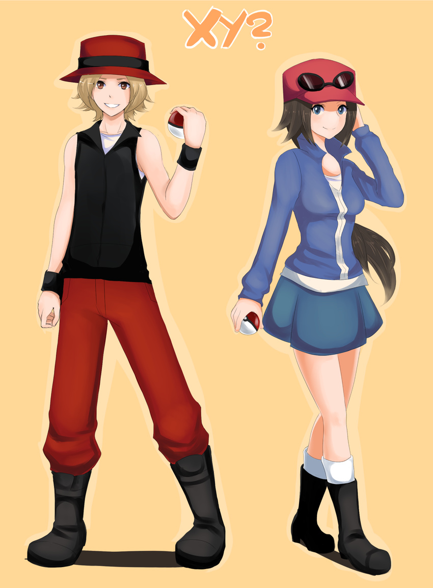 1girl baseball_cap blonde_hair blue_eyes boots brown_hair calme_(pokemon) eyewear_on_head full_body genderswap genderswap_(ftm) genderswap_(mtf) hat highres highvoltage holding holding_poke_ball long_hair miniskirt orange_eyes poke_ball pokemon pokemon_(game) pokemon_xy ponytail popped_collar serena_(pokemon) short_hair simple_background skirt sleeveless smile socks sunglasses wristband