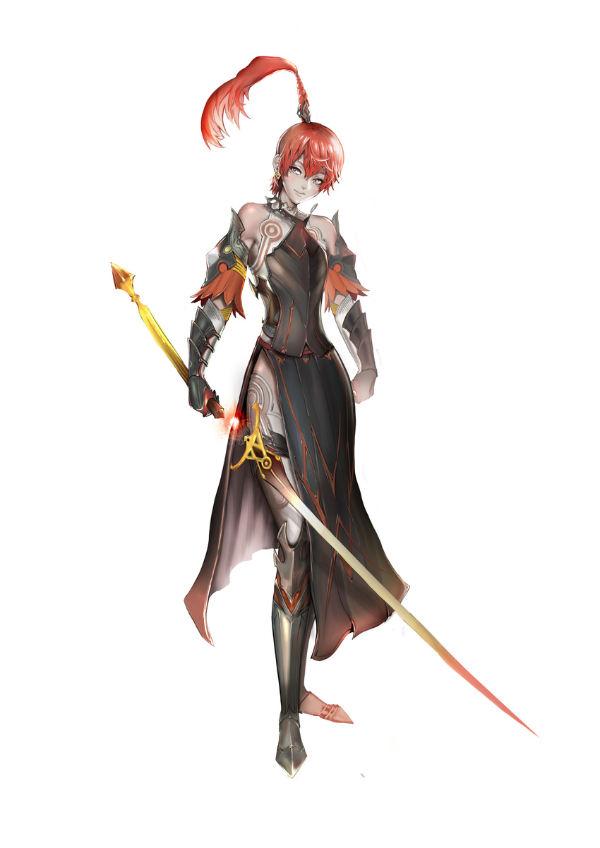 absurdres armor bad_id bad_pixiv_id bare_shoulders highres lloule original ponytail red_eyes red_hair smile solo sword weapon