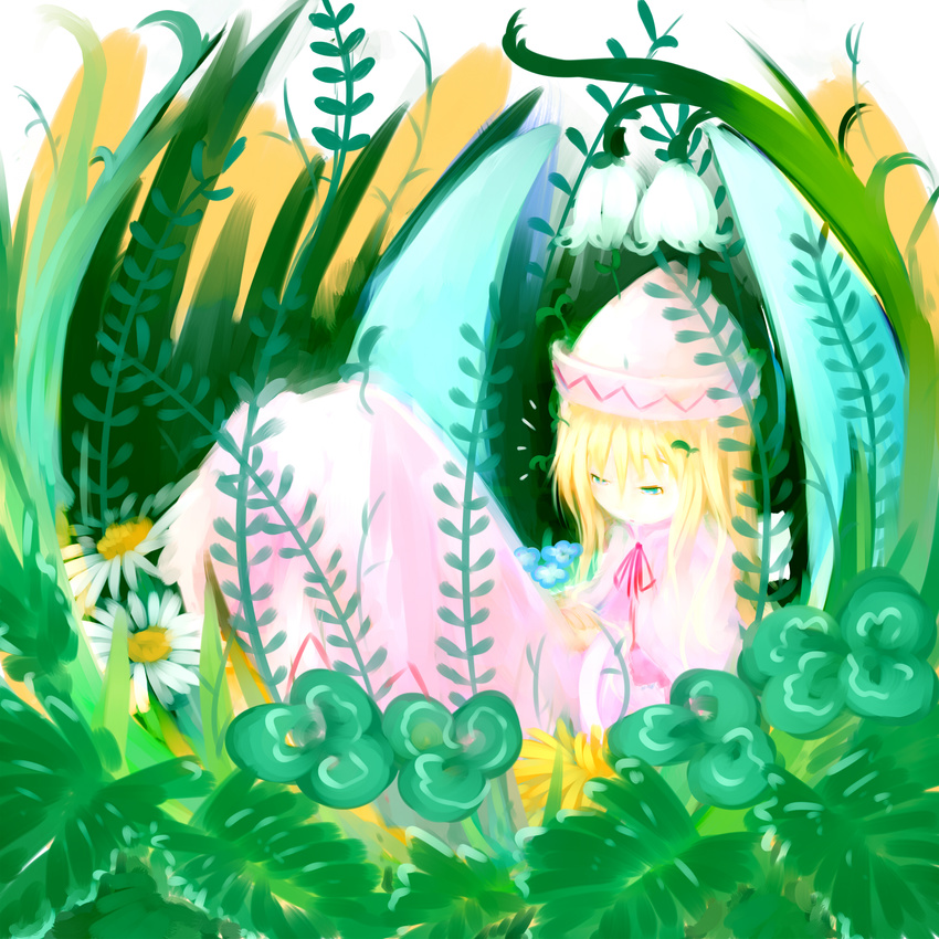 blonde_hair blue_eyes clover daisy dress faux_traditional_media fern flower grass hat highres legs_up lily_of_the_valley lily_white long_hair lying pink_dress ribbon sakana_(packetsjp) solo touhou