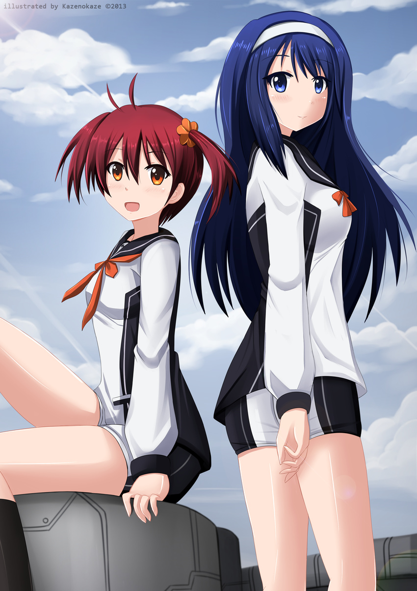 blue_eyes blue_hair brown_eyes brown_hair futaba_aoi_(vividred_operation) hairband highres isshiki_akane kazenokaze long_hair multiple_girls national_shin_ooshima_school_uniform school_uniform short_hair short_shorts shorts sitting standing vividred_operation