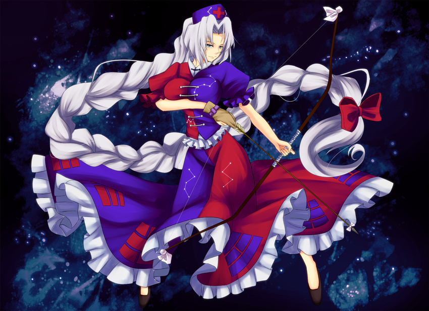 arrow blue_eyes bow bow_(weapon) braid breasts dress gloves hair_bow hat highres large_breasts long_braid long_hair looking_at_viewer silver_hair single_glove smile solo touhou untsue very_long_hair weapon yagokoro_eirin