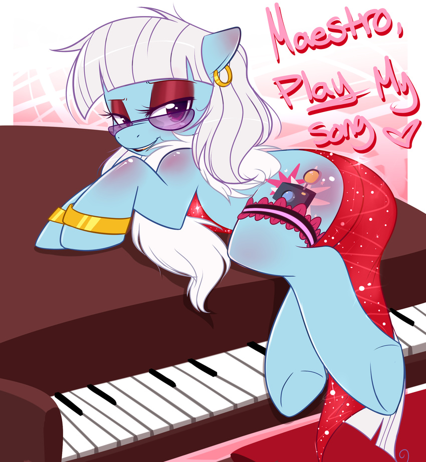 blue_fur bracelet corrupteddiscipline cutie_mark dress english_text equine eyeshadow eyewear female feral friendship_is_magic fur glasses gold hair horse jewelry looking_at_viewer makeup mammal musical_instrument my_little_pony photo_finish_(mlp) piano piercing pony pose sparkles sunglasses text white_hair