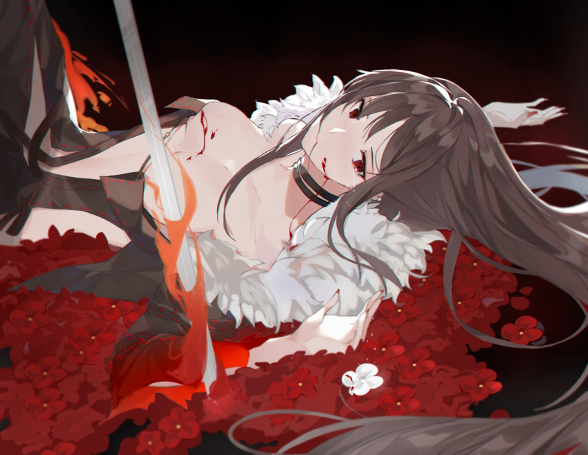 1girl bangs black_dress blood blood_on_breasts blood_on_face breasts brown_hair center_opening choker consort_yu consort_yu_(fate) dress fate/grand_order fate_(series) flower flowers fur_trim jacket large_breasts long_hair looking_at_viewer lying no_bra on_back red_eyes solo strapless strapless_dress sword tears weapon yurumawari