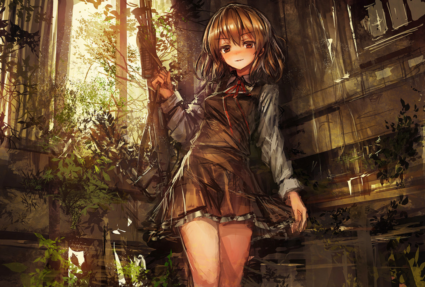 blonde_hair blush gun leaf lm7_(op-center) open_mouth original plant short_hair shotgun sketch smile solo vines weapon window yellow_eyes