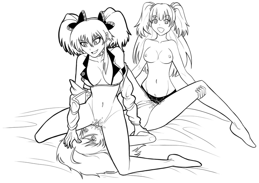 ahoge bottomless bow breasts choker cunnilingus dildo fff_threesome greyscale group_sex hair_bow highres hoshii_miki idolmaster idolmaster_(classic) jougasaki_mika jougasaki_rika lineart long_hair monochrome multiple_girls navel nipples nude off_shoulder oral pussy_juice scrunchie sex short_twintails siblings sisters sitting sitting_on_face sitting_on_person spread_legs straddling strap-on threesome topless twintails two_side_up vaginal yuri
