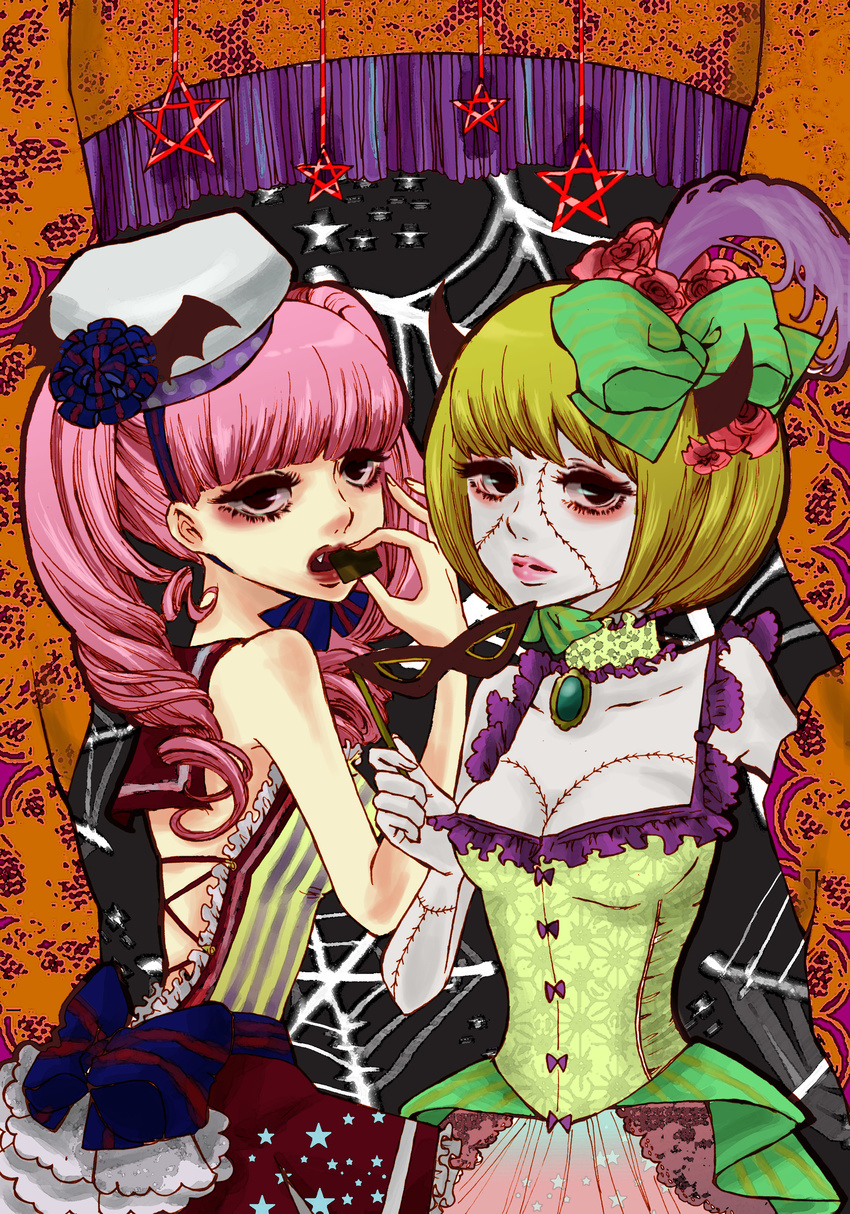 2girls absurdres alternate_costume bare_shoulders bat_(symbol) black_eyes blonde_hair breasts choco---mint dress flower food grey_skin hat highres mask multiple_girls one_piece perona pink_hair ribbon rose thriller_bark twintails victoria_cindry zombie