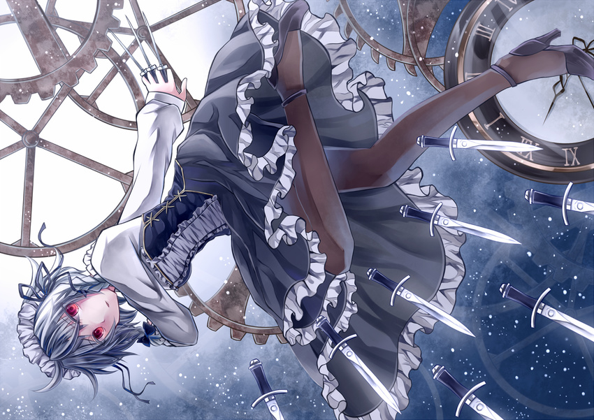 black_legwear braid high_heels izayoi_sakuya knife maid_headdress miyakure pantyhose red_eyes shoes short_hair silver_hair solo touhou twin_braids