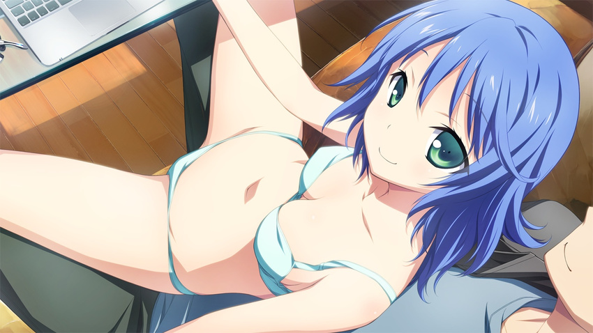 1girl blue_hair bra breasts from_above game_cg green_eyes kikuchi_seiji long_hair material_brave medium_breasts navel panties shirafuji_angeline_tsubomi sitting sitting_on_lap sitting_on_person smile underwear underwear_only white_bra white_panties