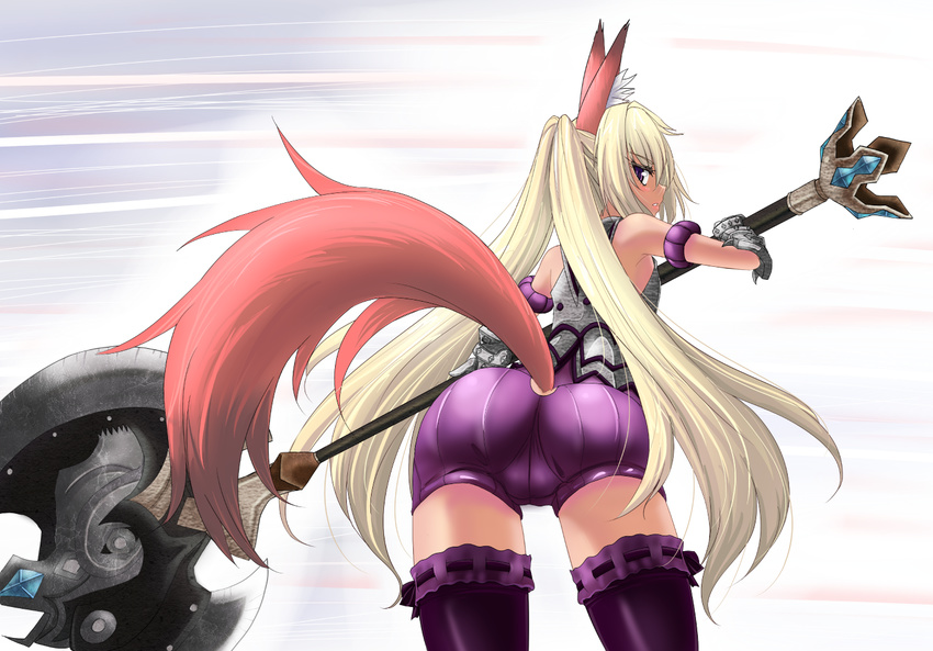 animal_ears armor ass axe blonde_hair cameltoe dog_ears elin_(tera) enoko_(zqfebi) from_behind long_hair looking_back purple_eyes short_shorts shorts sleeveless solo tail tera_online thighhighs twintails weapon