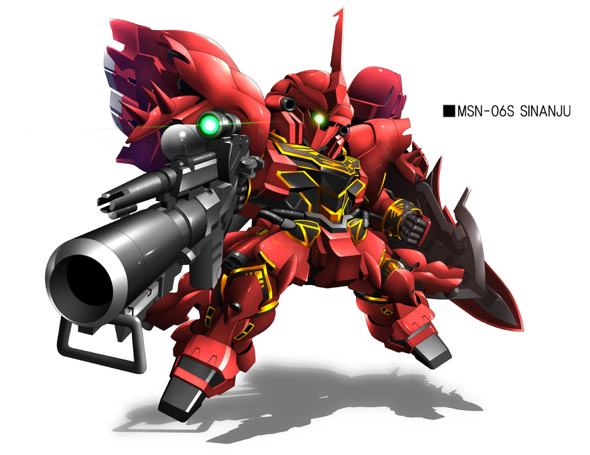 beam_rifle character_name chibi clenched_hand energy_gun glowing glowing_eye gun gundam gundam_unicorn mecha no_humans shadow shield simple_background sinanju solo spikes weapon white_background zb