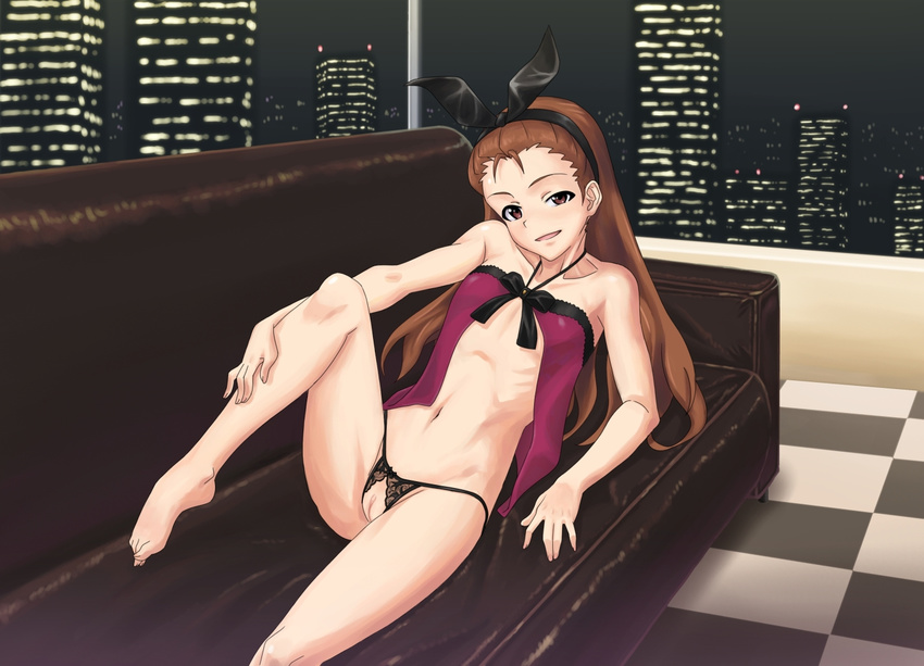 babydoll barefoot blush breasts brown_eyes brown_hair couch crotchless_panties hairband idolmaster idolmaster_(classic) kaimuu_(fahrenheit724) long_hair lying minase_iori navel on_back panties petite pubic_hair pussy ribs small_breasts solo uncensored underwear