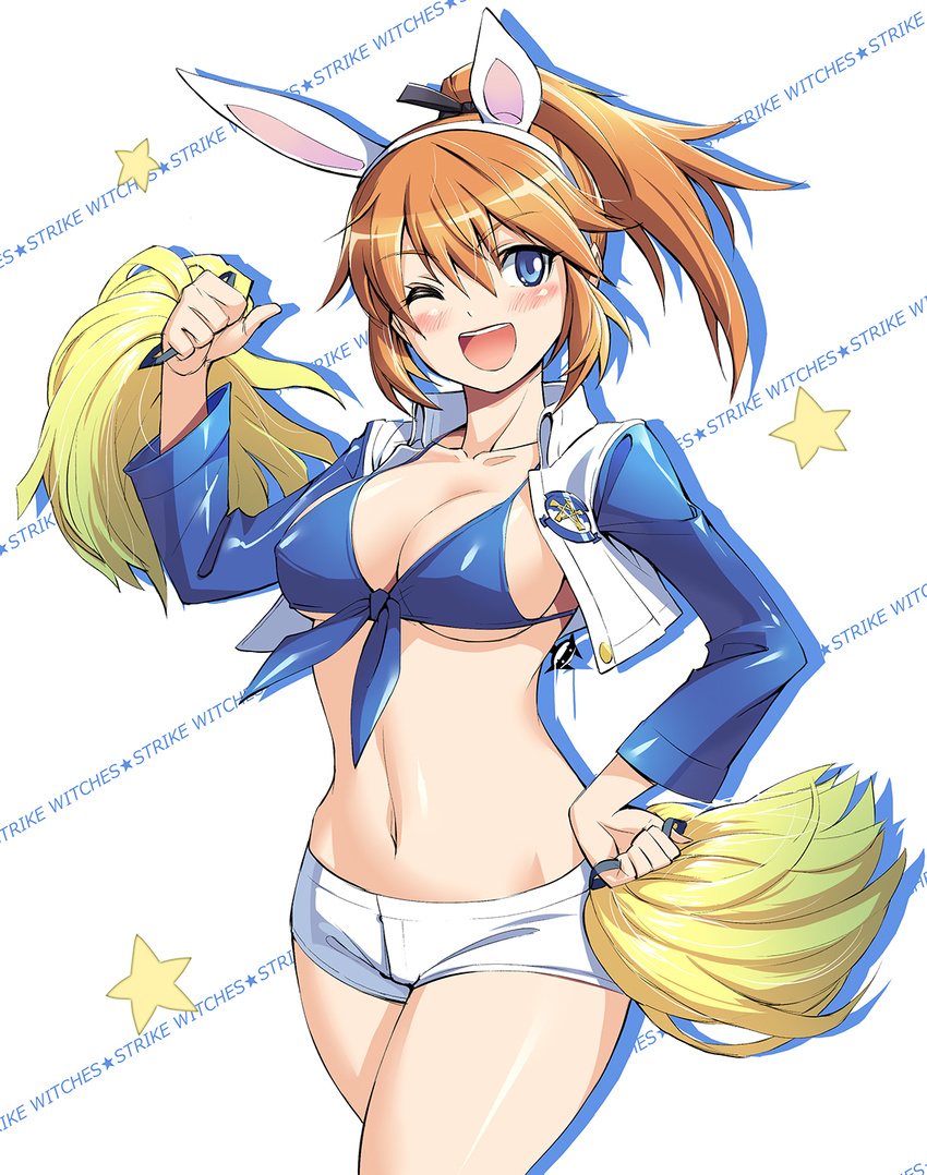 animal_ears bikini_top blue_eyes blush breasts bunny_ears charlotte_e_yeager cheerleader cleavage covered_nipples crop_top dallas_cowboys front-tie_top hand_on_hip highres jacket large_breasts long_hair michairu national_football_league one_eye_closed open_mouth orange_hair pom_poms ponytail shiny shiny_skin short_shorts shorts sideboob smile solo strike_witches world_witches_series