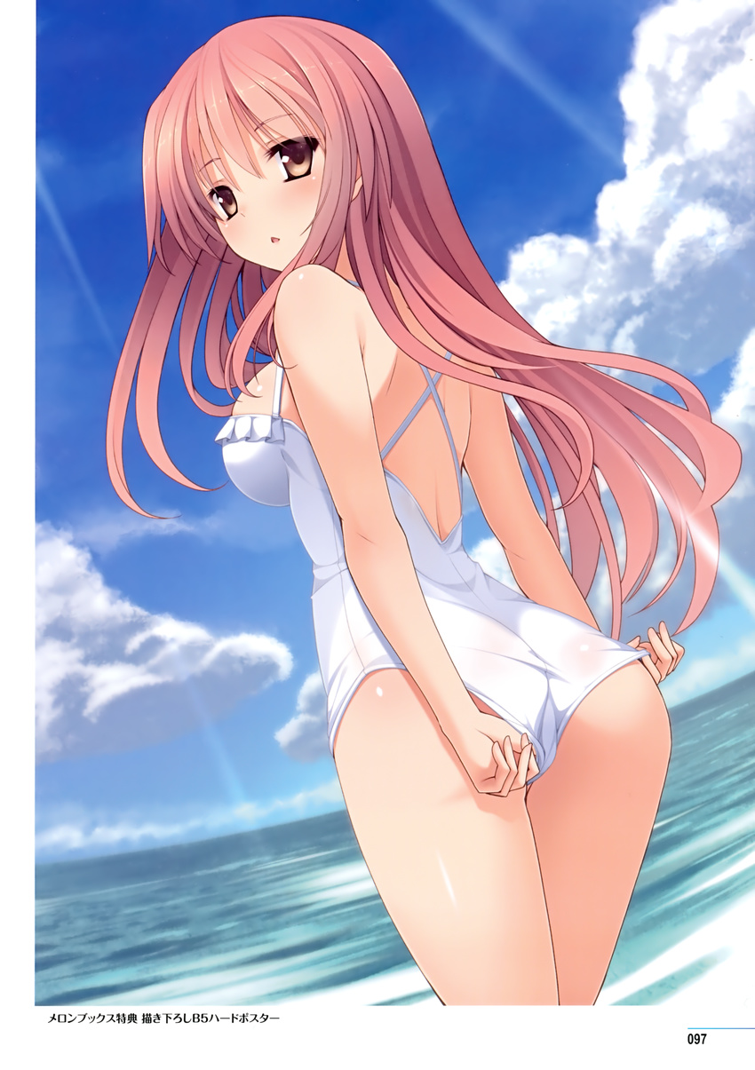 :&lt; absurdres adjusting_clothes adjusting_swimsuit ass breasts brown_eyes casual_one-piece_swimsuit cloud cloudy_sky day highres imouto_no_katachi large_breasts long_hair looking_at_viewer looking_back mutou_kurihito ocean one-piece_swimsuit outdoors pink_hair sena_miyuki sky solo swimsuit triangle_mouth white_swimsuit