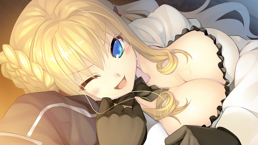 1girl blonde_hair blue_eyes blush bow bowtie breasts cleavage game_cg gloves hair_bun happy highres large_breasts long_hair looking_at_viewer open_mouth smile tokeijikake_no_ley_line:_asagiri_ni_chiru_hana tokeijikake_no_ley_line:_zan'ei_no_yoru_ga_akeru_toki tokeijikake_no_ley_line:_zan'ei_no_yoru_ga_akeru_toki urabi urabi_(tomatohouse) wink