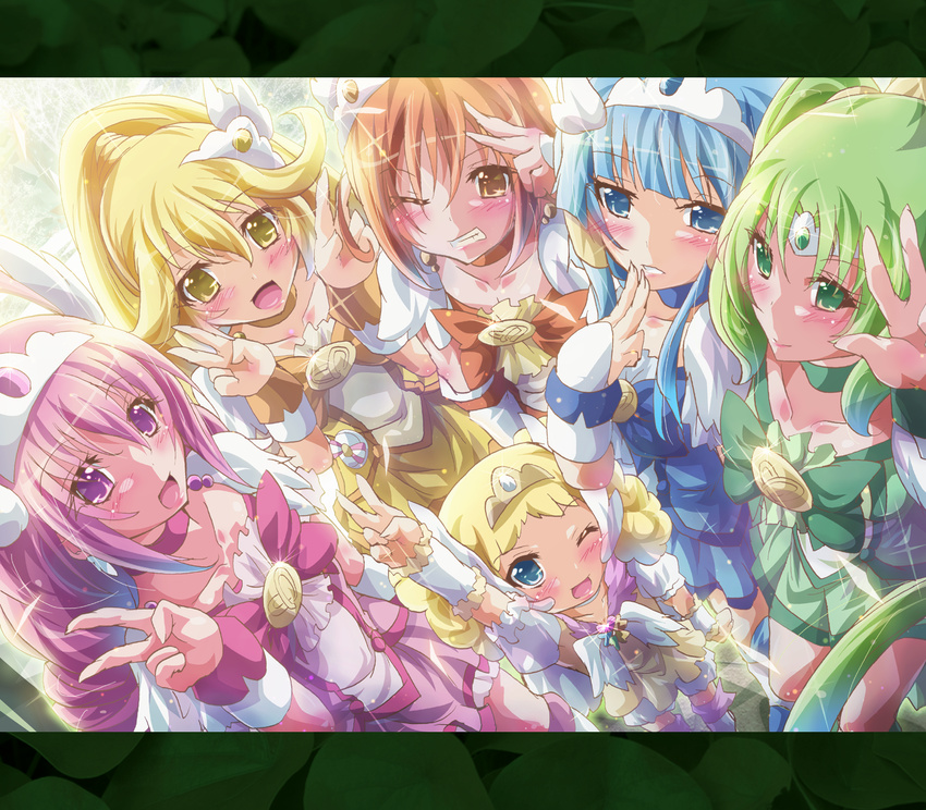 aoki_reika blonde_hair blue_eyes blue_hair blush bow candy_(smile_precure!) choker cure_beauty cure_happy cure_march cure_peace cure_sunny double_v green_choker green_eyes green_hair hair_flaps highres hino_akane_(smile_precure!) hoshizora_miyuki inoshishi_(ikatomo) kise_yayoi letterboxed long_hair looking_at_viewer magical_girl midorikawa_nao multiple_girls one_eye_closed open_mouth orange_eyes orange_hair pink_bow pink_choker pink_eyes pink_hair precure royal_candy short_hair smile_precure! tiara v yellow_eyes