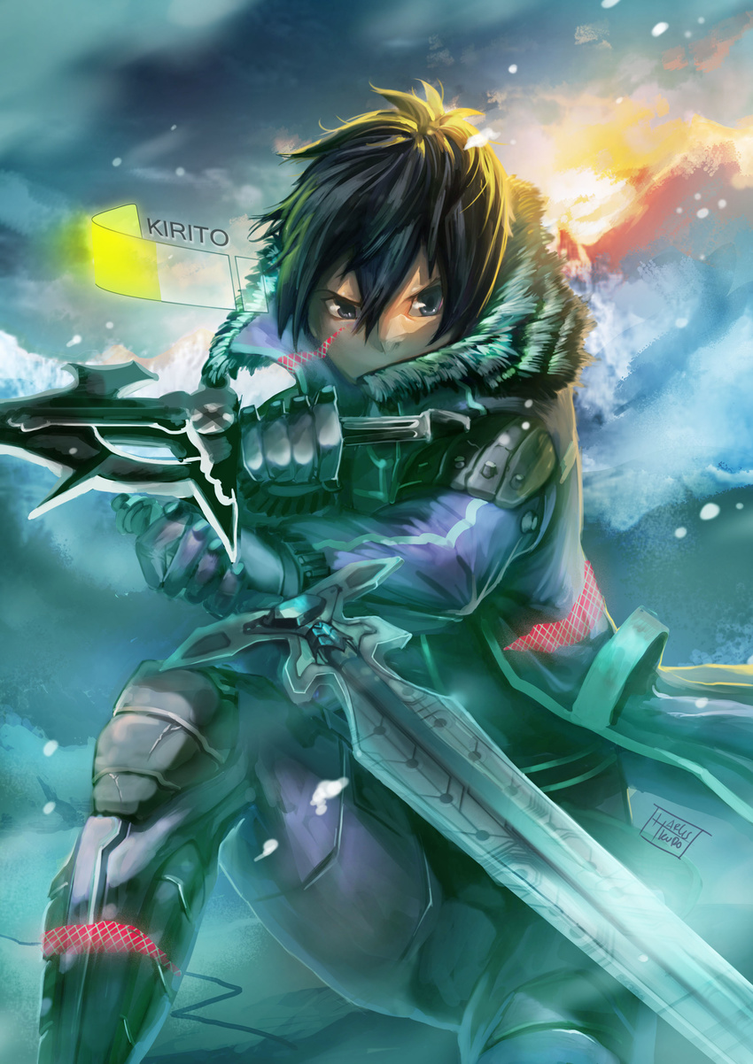 absurdres armor black_hair character_name dual_wielding fur_trim harliskudo highres holding kirito male_focus reverse_grip solo sword sword_art_online weapon