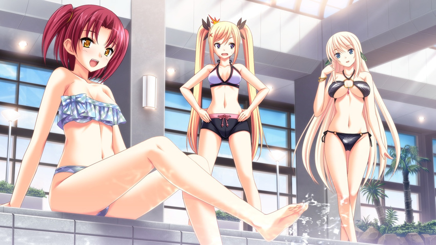 3girls bare_shoulders barefoot bikini blonde_hair blue_eyes blush bracelet breasts cameltoe character_request cleavage cygnus_(artist) feet game_cg hand_on_hips hands_on_hips jewelry kenmi_kumi kikouyoku_senki_gin_no_toki_no_corona:_fortune_dragon&rsquo;s kikouyoku_senki_gin_no_toki_no_corona:_fortune_dragon's long_hair multiple_girls navel odagiri_aka open_mouth pool purple_eyes red_hair short_hair sitting smile standing sunlight swimsuit toes twintails yellow_eyes