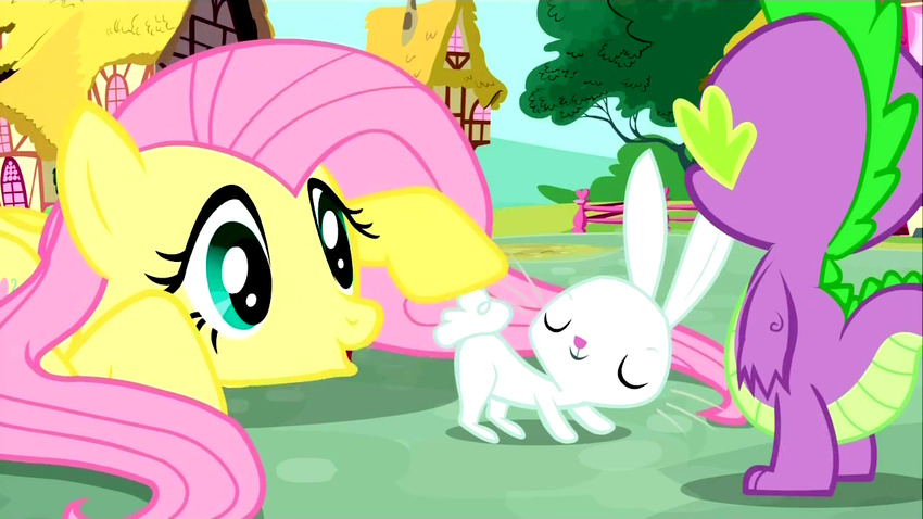 2013 angel_(mlp) cub dragon equine eyes_closed female feral fluttershy_(mlp) friendship_is_magic green_eyes hair horse lagomorph male my_little_pony pegasus pink_hair pony rabbit smile spike_(mlp) wings yellow_fur young