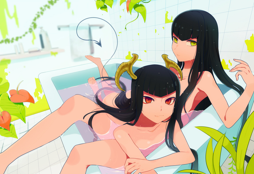 bad_id bad_pixiv_id banned_artist bath black_hair demon_tail green_eyes harano horns long_hair looking_at_viewer multiple_girls nude original red_eyes tail