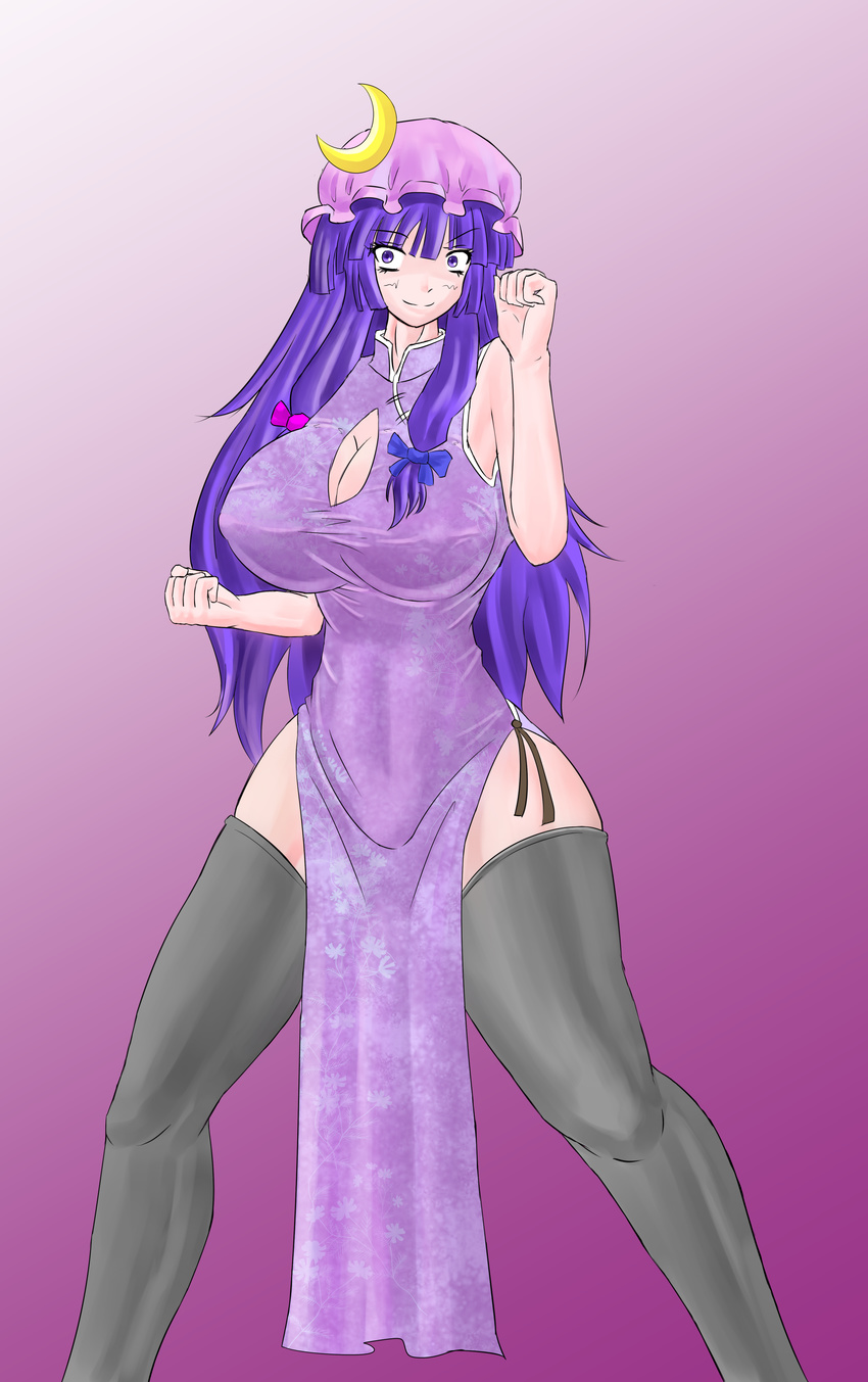 1girl absurdres bare_shoulders black_legwear breasts chinese_clothes curvy female fight_pose hat highres huge_breasts iinasan legs long_hair patchouli_knowledge purple_eyes purple_hair simple_background solo standing thighhighs touhou wide_hips
