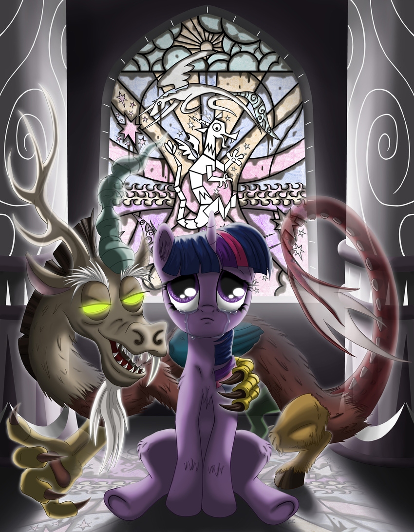 absurd_res beard claws crying discord_(mlp) draconequus duo equine facial_hair fangs female feral friendship_is_magic fur hair half-closed_eyes hi_res horn horse male mammal multi-colored_hair my_little_pony pony purple_eyes purple_fur sitting stain_glass stained_glass starbat tear tears twilight_sparkle_(mlp) two_tone_hair unicorn upsed yellow_eyes