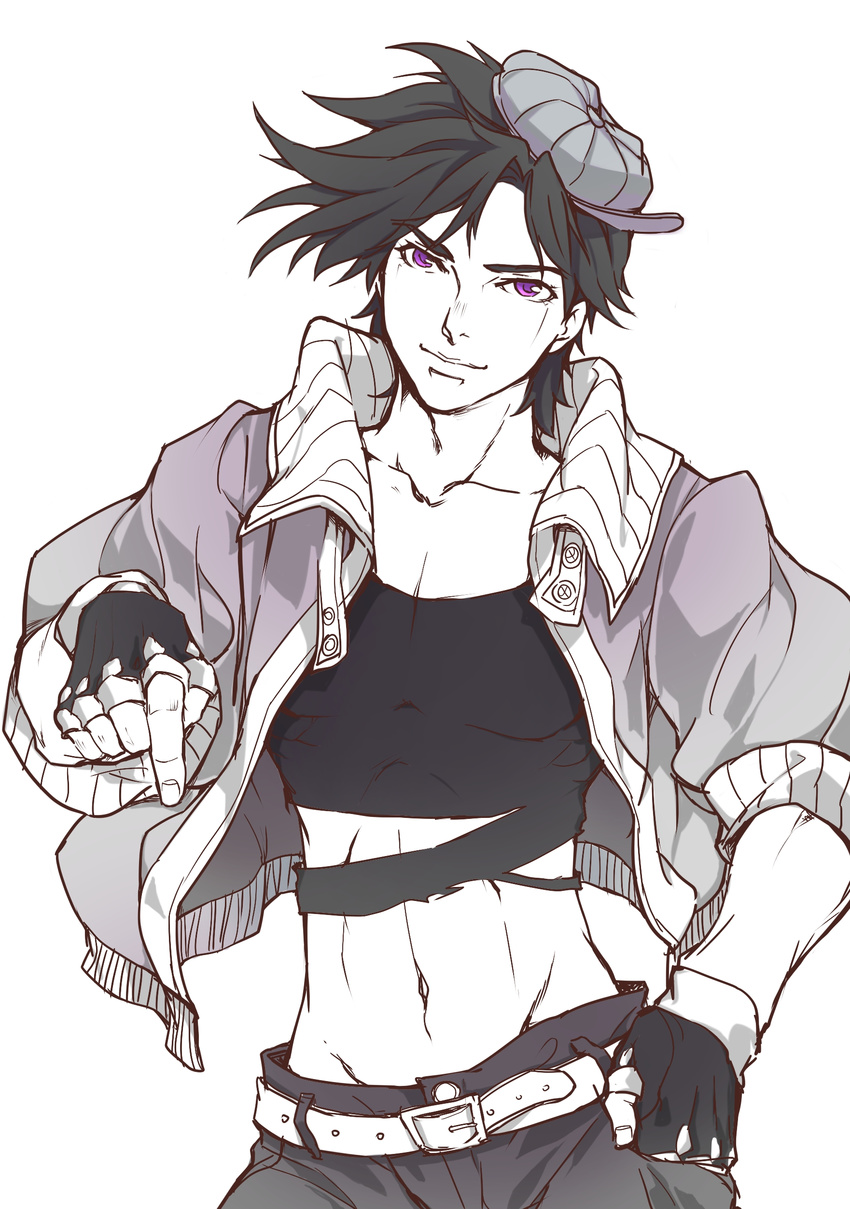 absurdres adonis_belt cabbie_hat crop_top fingerless_gloves gloves hand_in_pocket hat highres jacket jojo_no_kimyou_na_bouken joseph_joestar_(young) male_focus midriff peninsula_(disappearedstump) pointing purple_eyes solo spot_color